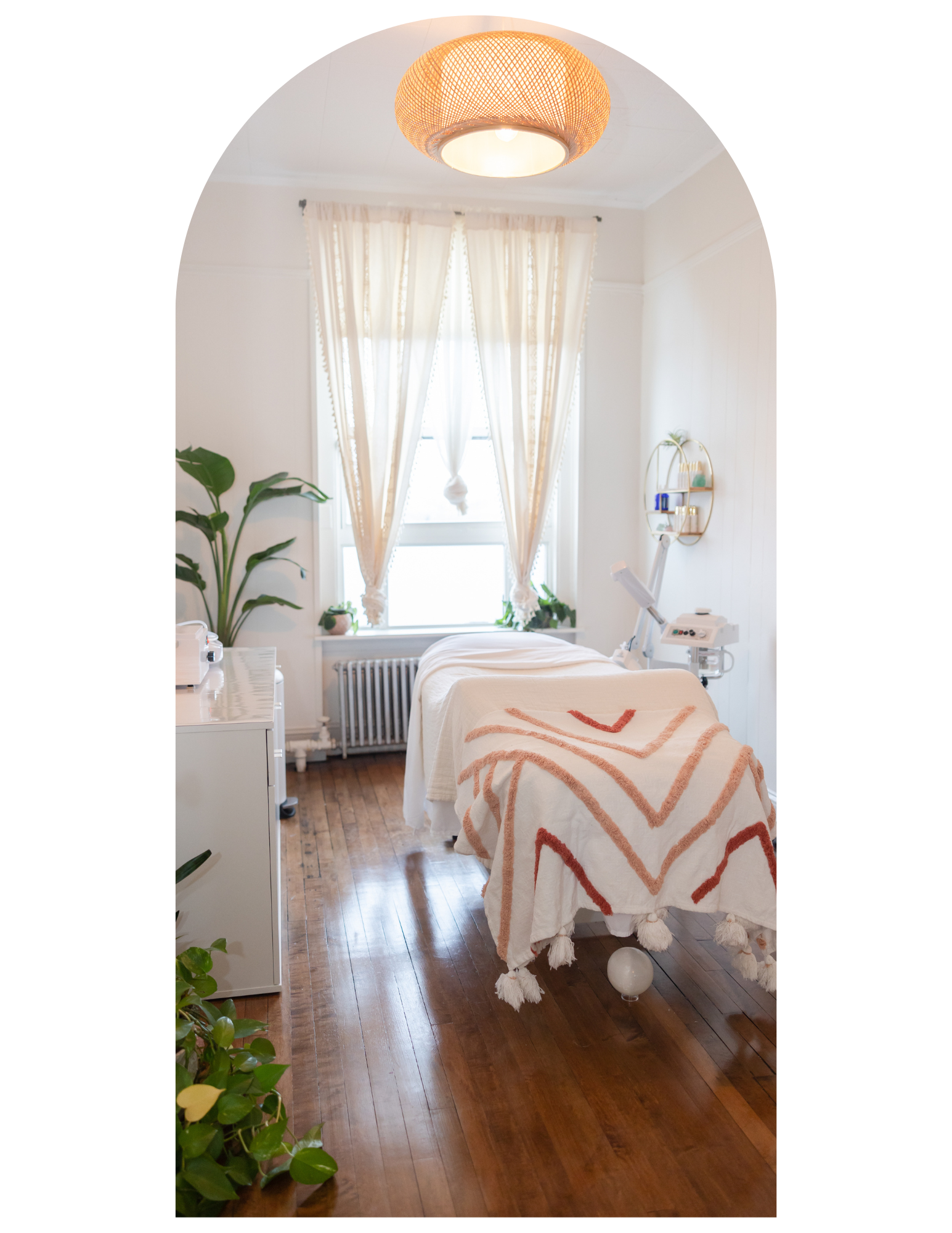 Clean, professional medical spa treatment room with neutral tones at Holiday Clean Beauty Spa in Brookline